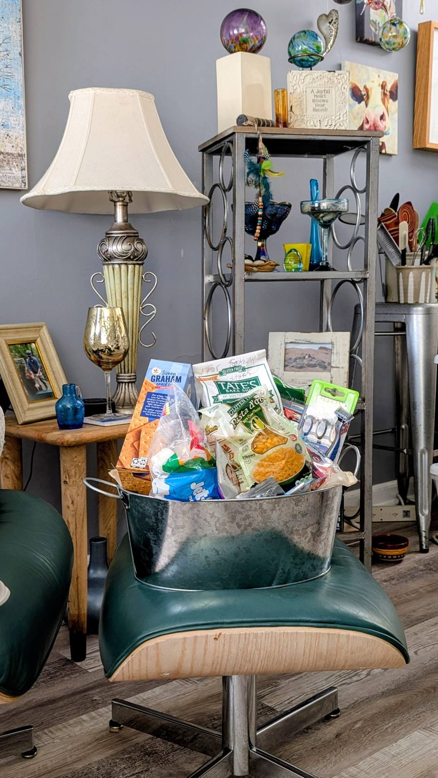 Welcome basket filled with snacks and pantry treats